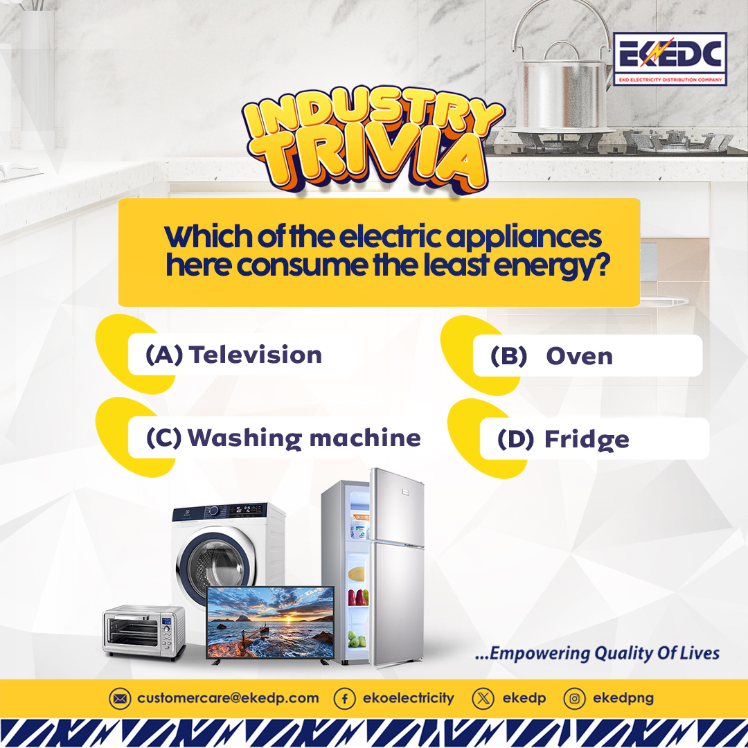 Which household appliance consumes the least energy? 🤔 TV, Oven, Washing Machine, or Fridge? Comment your answer below! #Trivia #ElectricityTrivia #electricityknowledge #EKEDC #EmpoweringQualityofLives
