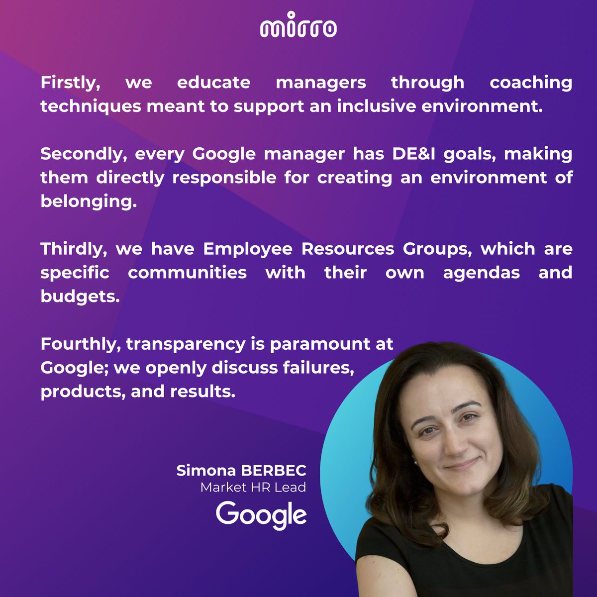 At our last event, Simona Berbec, Google’s Market HR Lead, shared the pillars contributing to Google’s culture. If you want to see what other thoughts leaders do in this direction, check out our latest blog post: eu1.hubs.ly/H08sqnS0 
#workplacecommunity #communitybuilding