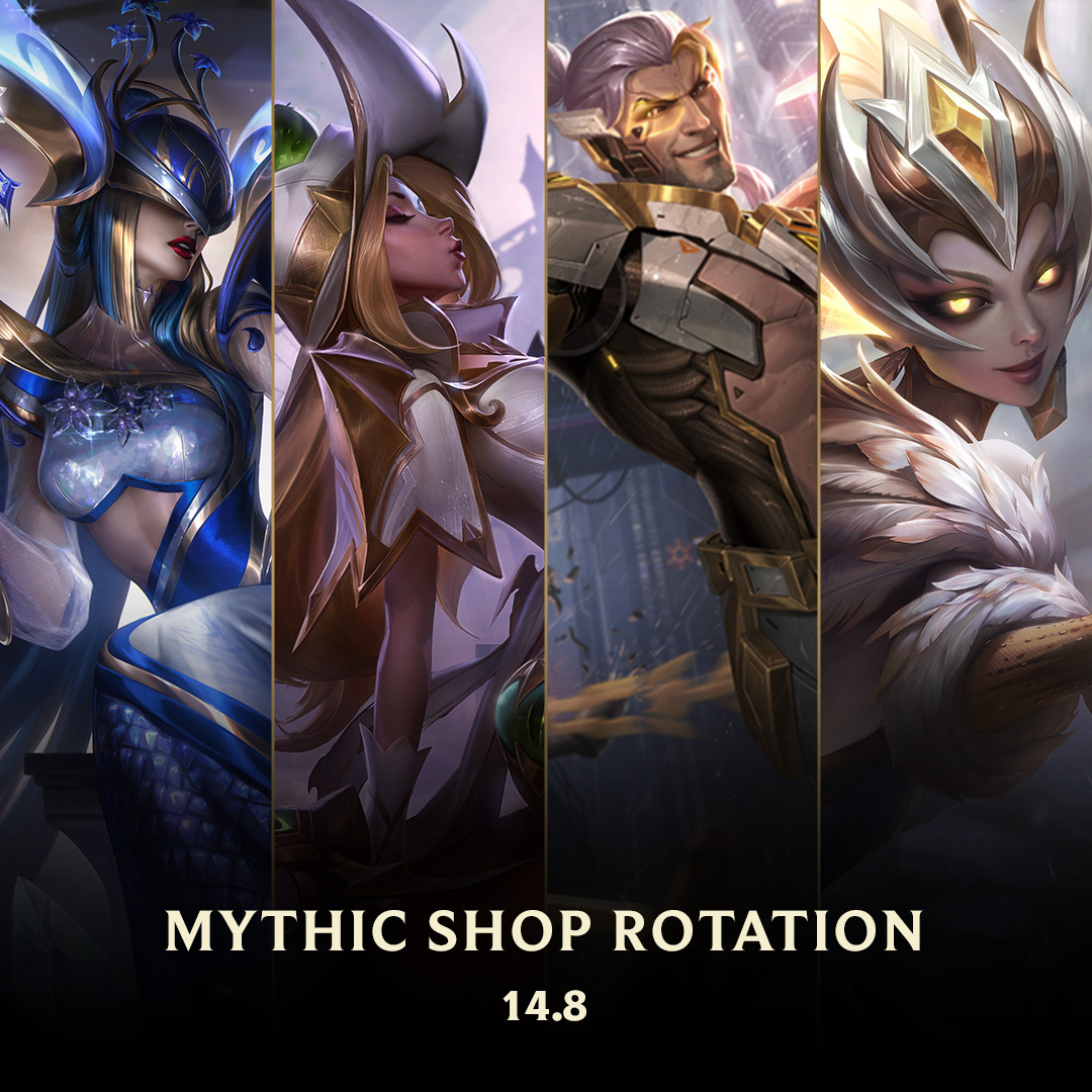 Another 4 Prestige skins will be arriving in Mythic Shop in Patch 14.8 👊