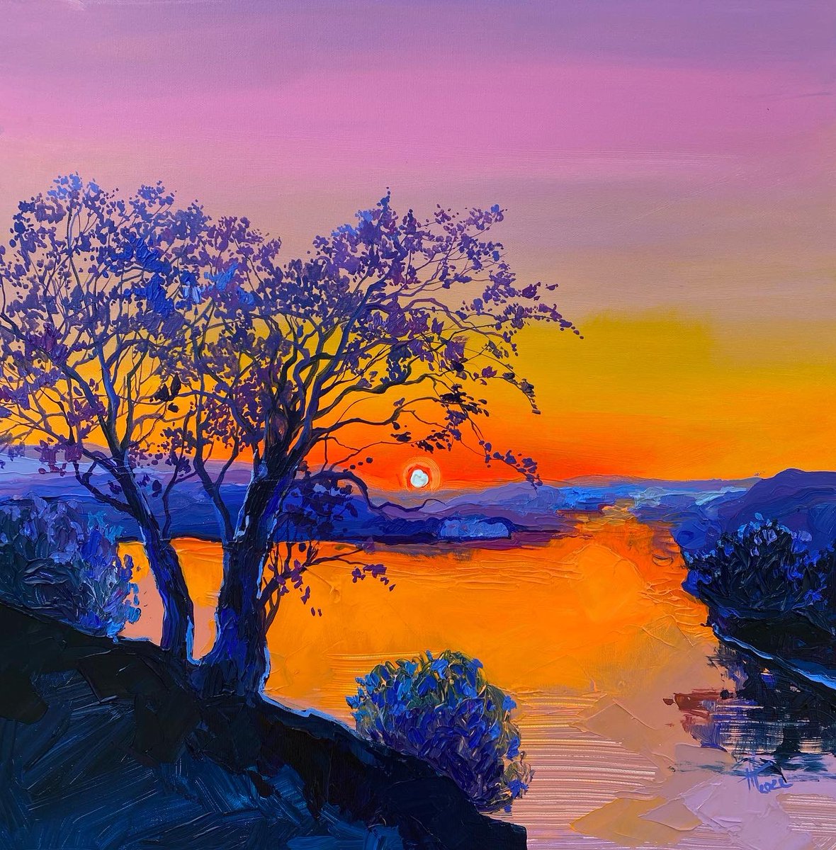 acrylic, canvas 60*60 'sakura and sunset' 2022