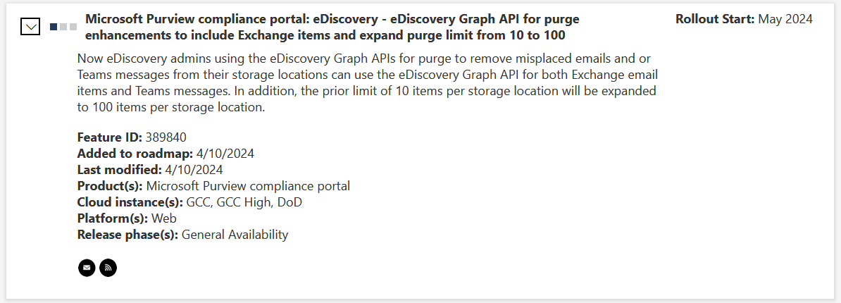 365Fanatic's tweet photo. This is good news, but not yet great news. The maximum amount of emails &amp; chats to be deleted with the Purview Search &amp; Purge feature will be increased from 10 to a maximum of 100 items, which is an improvement nonetheless. #Microsoft365 #MicrosoftPurview #365Fanatic https://t.co/qAkbqSjtvD