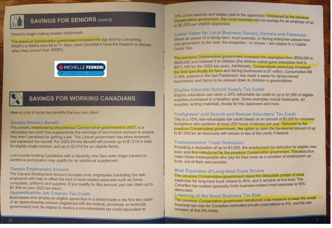 20 pg colour 'Tax Guide' (pd for by us) mailed to all Riding households, 2 wks before filing due. When does what could be a helpful booklet turn into a piece of Cons propaganda? When its from #Ptbo MP @mferreriptbokaw. 30+ statements I won't check, b/c why should I have to?