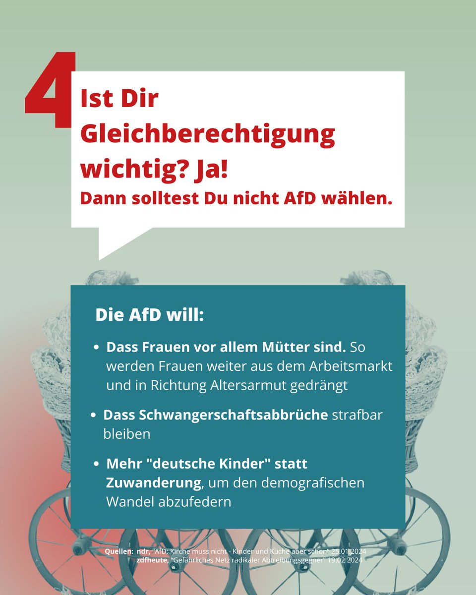 Falls wer das #TVDuell verpasst hat, hier Aufklärung zum Wahlprogramm der AfD. Ist Dir Gleichberechtigung wichtig? Dann solltest Du nicht die AfD wählen 👇🏼