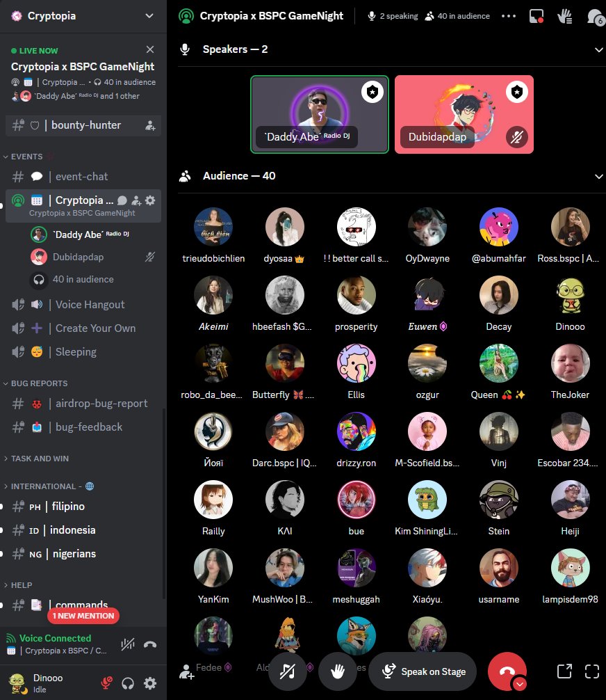 Happening now! Join us here discord.gg/cryptopia in Cryptopia Friyay with @blockchainspc !
@CryptopiaOFCL 

#Cryptopiafriyayapril12 #CryptopiaAirdrop $TOS