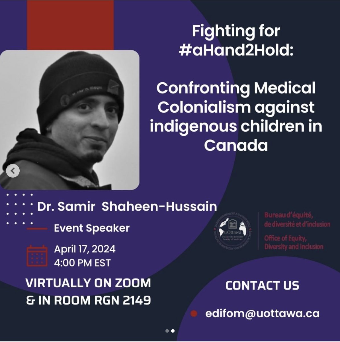 Because of the #COVID19 pandemic, this will be the first in-person 'Fighting for #aHand2Hold' event open to the public in Ottawa since the book was published in 2020. Organized by @CFMSFEMC and @uOttawaMed's Office of Equity, Diversity & Inclusion. 4pm, Wednesday, April 17 👇🏾