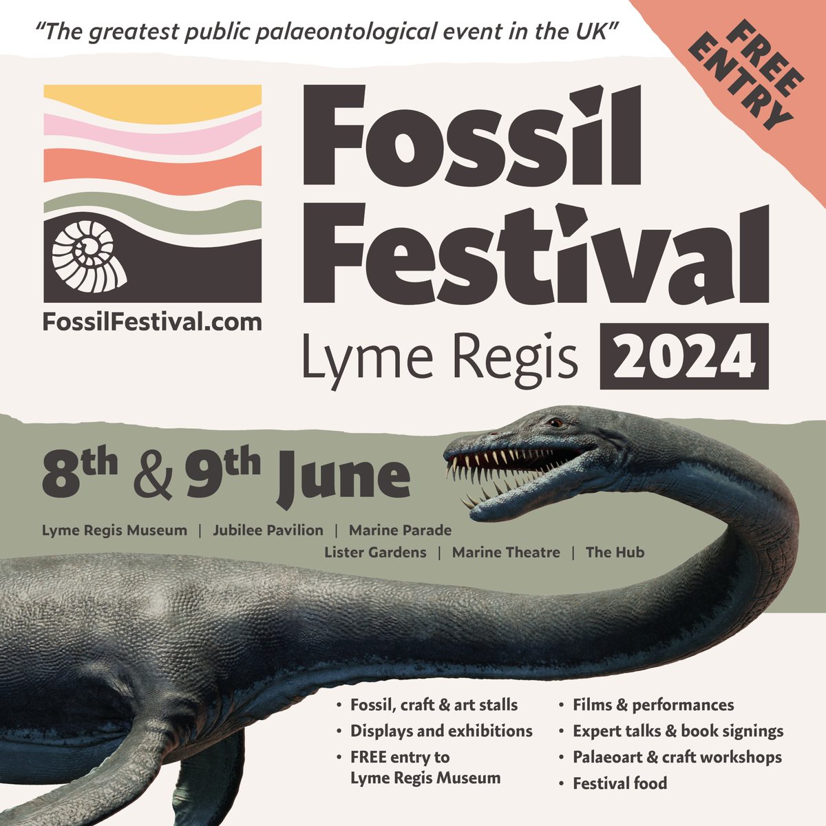 We are delighted once again to partner with Lyme Regis Museum and to be a part of this year’s Lyme Regis Fossil Festival on June 8-9. There is an incredible programme and lots of free fun family activities over the course of the festival. @FF_LymeRegis