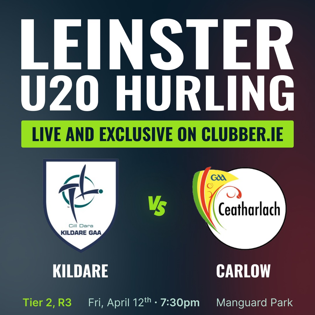 Tonight on Clubber TV 📺 @gaaleinster U20 Hurling Championship 🏆 🆚 @KildareGAA v @Carlow_GAA 📅 Friday, April 12th 🕒 7:30pm 🏆 Leinster U20 Hurling Championship 🏟️ Manguard Park 🔗 clubber.ie