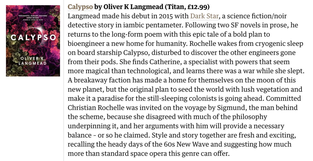 Great to see @oliverklangmead’s brilliant CALYPSO in the @guardian round up of the best new Sci-fi, fantasy and Horror! @TitanBooks theguardian.com/books/2024/apr…