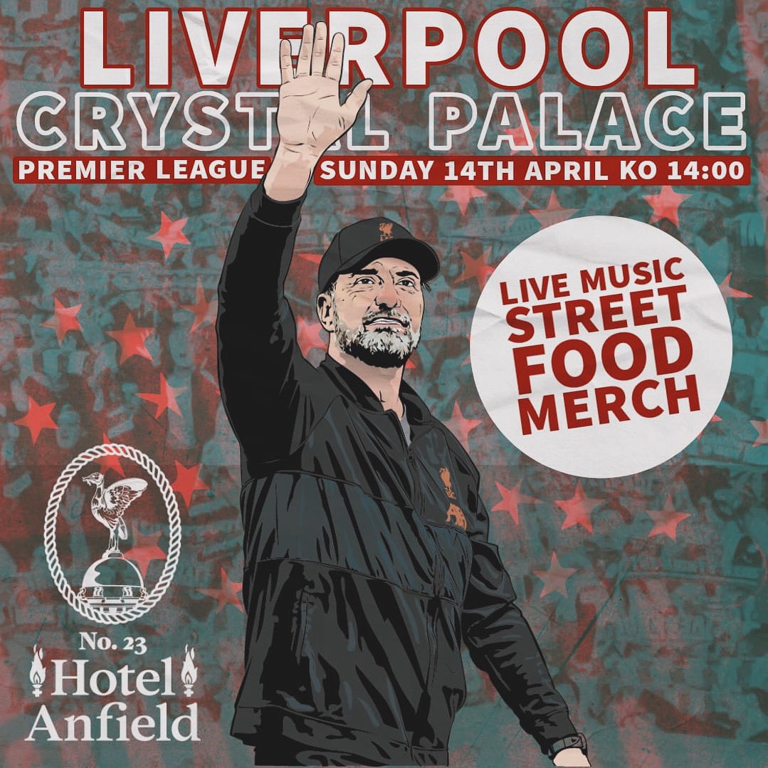 Liverpool vs Crystal Palace! The reds are back in the league and after a poor performance yesterday we’ve got to make it right in the league now 💪🏼 We will have live music from the great David of @TheRagamuffins, boss street food from @aldenterestaurant and the best merch