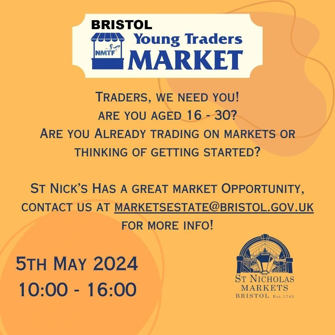 Opportunity for young people to trade at St Nicholas Market on 5 May. 11-15 year olds can join in with a guardian. Email: markets@bristol.gov.uk @CoBCollege @Creative_Youth @boomsatsuma @BristolUni @BristolBID @RedAndTempleBID @BroadmeadBID @YMCABristol