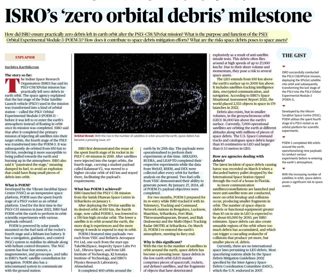 imRavikantYadav's tweet photo. #POEM -ISRO
"ISRO's 'Zero Orbital Debris' Milestone"
:Details by Ms Suchitra Karthikeyan
@Such_InkPen
How ISRO ensured #ZeroDebris post #XPoSat mission,its #Space debris mitigation efforts, #POEM3 ,utility &
More info..
#ISRO #PSLV #VSSC #SpaceDebris
#science #tech
#UPSC https://t.co/RlSYHIA5OU
