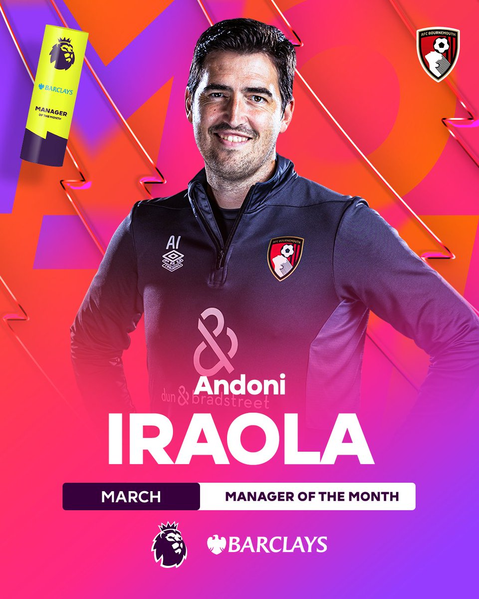 Andoni Iraola has been named @barclaysfooty Manager of the Month for the month of March. Jurgen Klopp was also nominated for the award. #PLAwards | @afcbournemouth