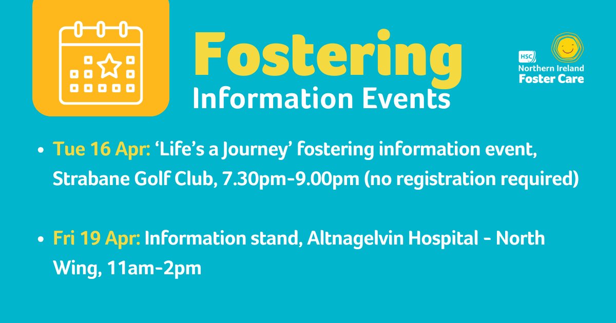 Check out our fostering events this week – pop by and chat to our friendly bunch 🤗

We regularly add new events to our calendar - visit adoptionandfostercare.hscni.net/upcoming-foste… for full details.

#CouldYouFoster #HSCNIFosterCare