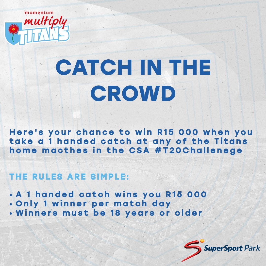 CATCH IN THE CROWD: There's R15 000 up for grabs for the finest catches in Centurion. Take a 1 handed catch and you could walk away with this prize 🤑

🎟: rb.gy/kwn84f

#T20Challenge | #WozaNawe | #SkyBlues | #WhereLegendsRise