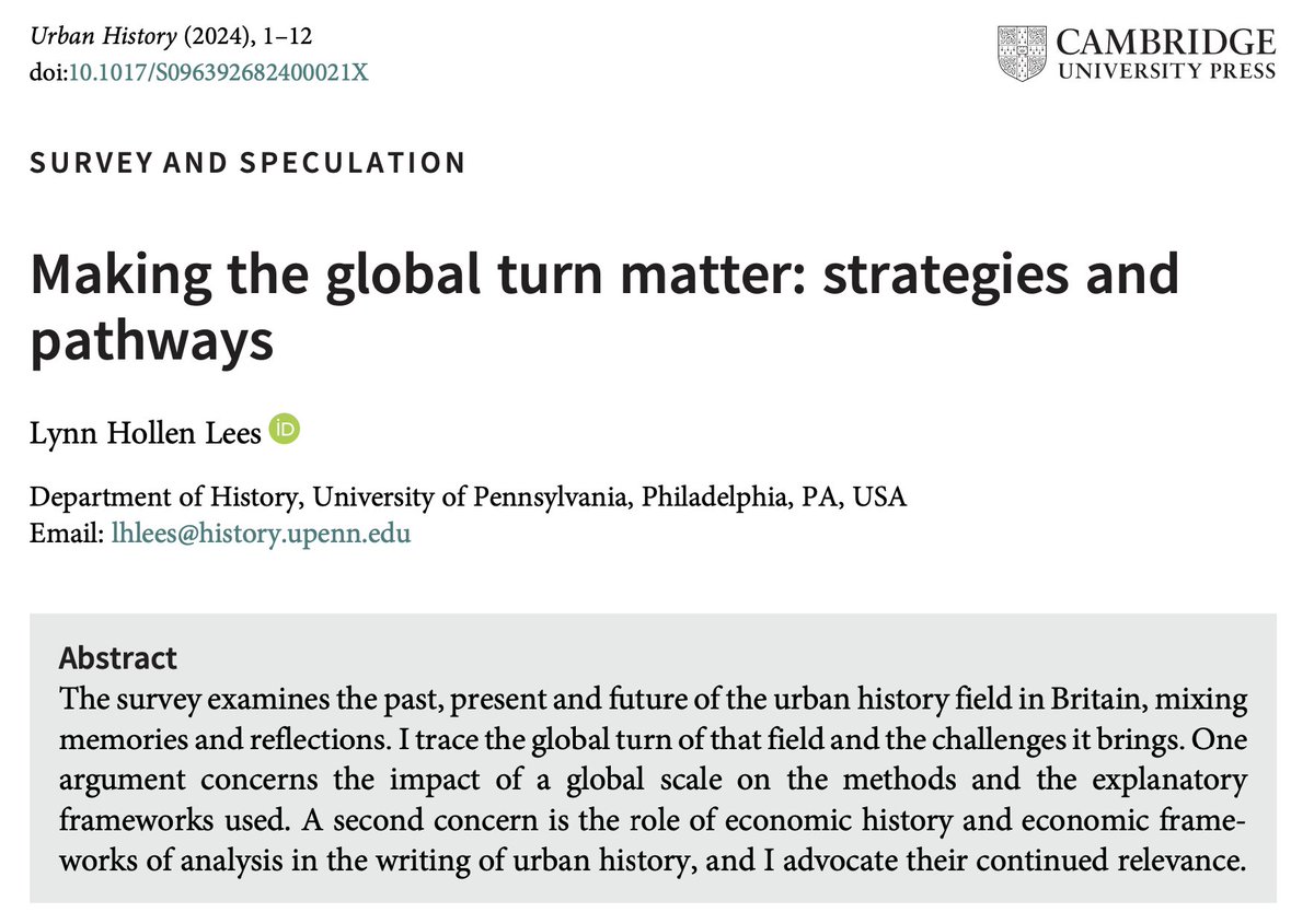 🔓 New #OpenAccess article on #FirstView 🌏 Lynn Hollen Lees, 'Making the global turn matter: strategies and pathways' 🔗 bit.ly/3JhU4yE #UrbanHistory