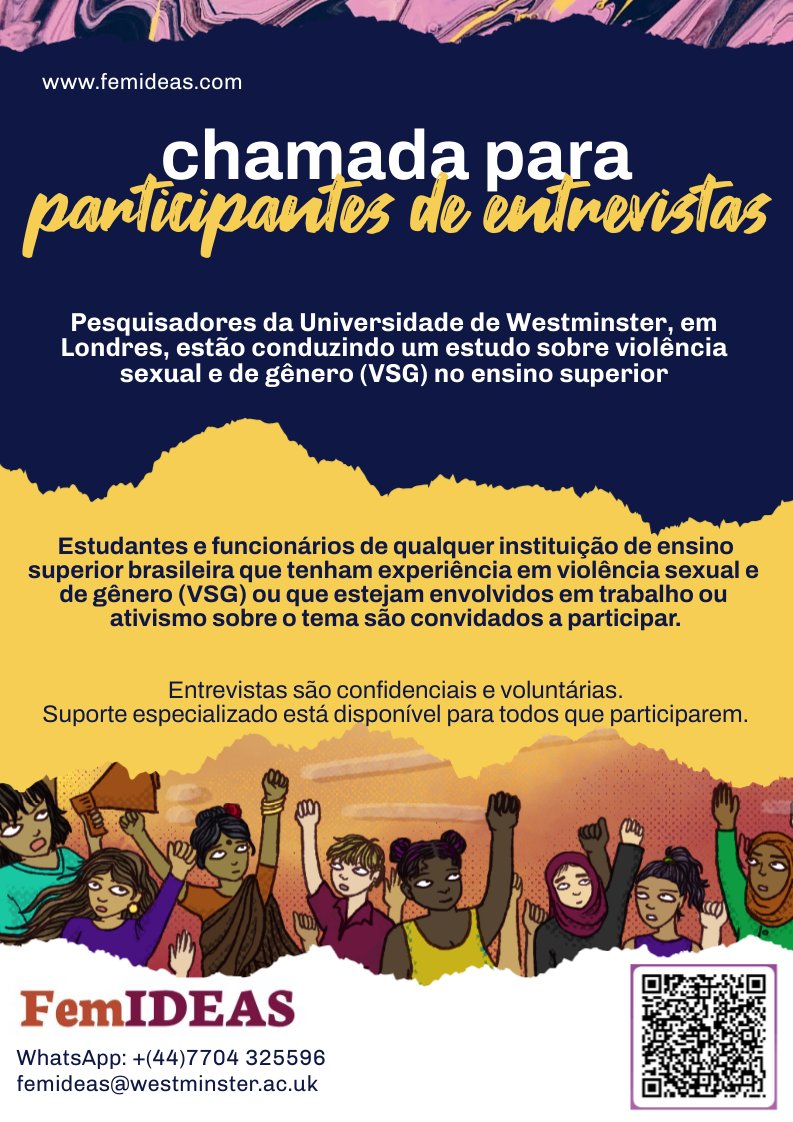 📢 <a href="/fem_ideas/">Decolonising sexual & gender-based violence in HE</a> is coming to BRAZIL!

If you are #Brazil and working on Sexual and Gender Based Violence, check this out 👇🏾

Voices of survivors shape this research &amp; we want to involve people with lived experiences. All interviews are anonymous &amp; robust support is available.