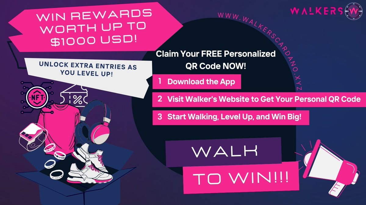Gm 🚶‍♂️🚶🚶‍♀️ Today's a big day - Now, everyone can join in FREE! Who doesn't love walking and winning rewards worth up to $1000 USD? Snatch your FREE Log in QR code on our website 🏆To celebrate we're giving away 2,000,000 $WLK 💜 + RT,Tag your squad #Giveaway #Cardano
