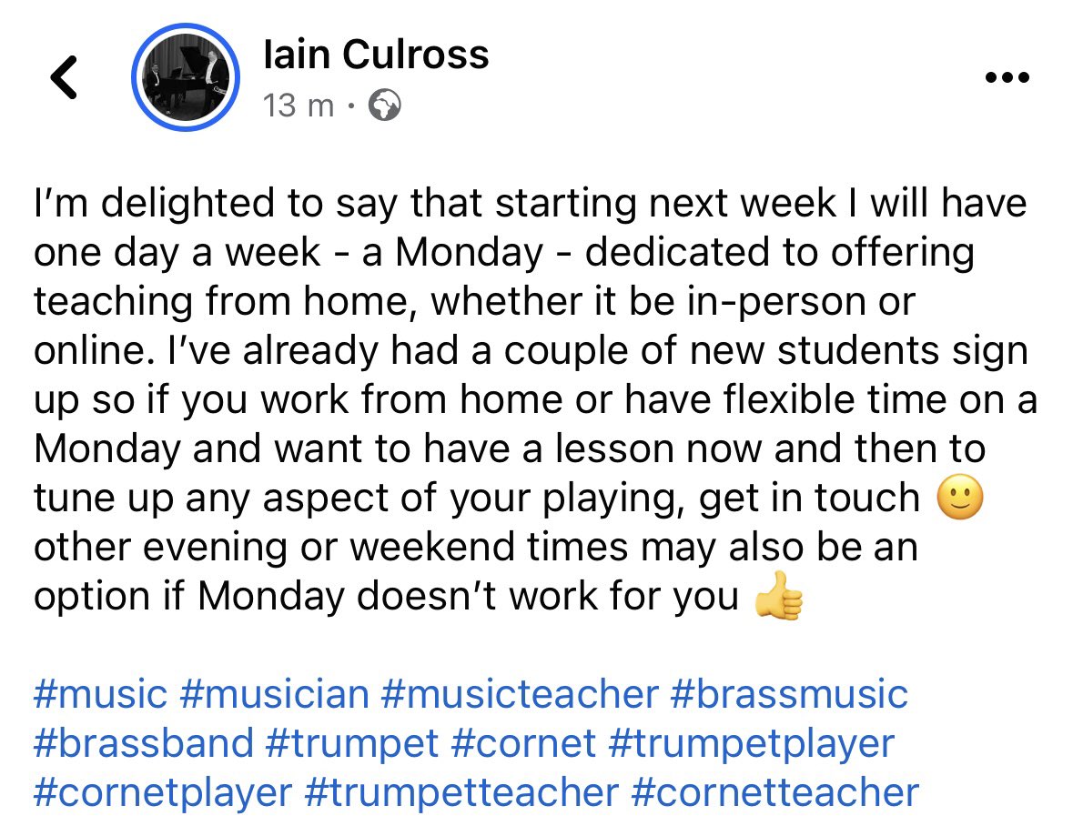 I’m delighted to say that starting next week I will have one day a week - a Monday - dedicated to offering teaching from home again, whether it be in-person or online.
#music #musician #musicteacher #brassmusic #brassband #trumpet #cornet #trumpetplayer #cornetplayer