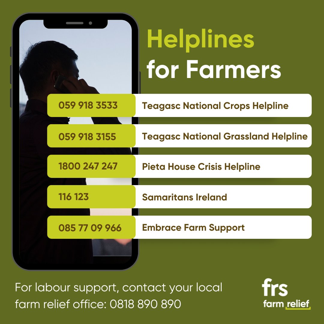 Farmers... the constant rain has been taking its toll, but please don't let the struggles pile up. Reach out for help. Here is a list of helplines that can lend an ear and offer guidance. @teagasc @samaritans @PietaHouse @EmbraceFARM @IFAmedia @MacranaFeirme @Herdwatch