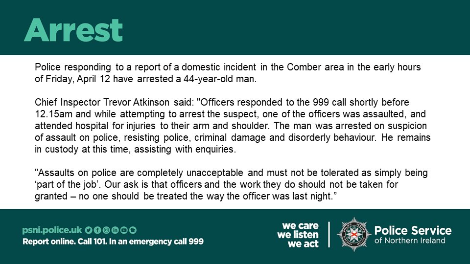 Police responding to a report of a domestic incident in the Comber area in the early hours of Friday, April 12 have arrested a 44-year-old man.