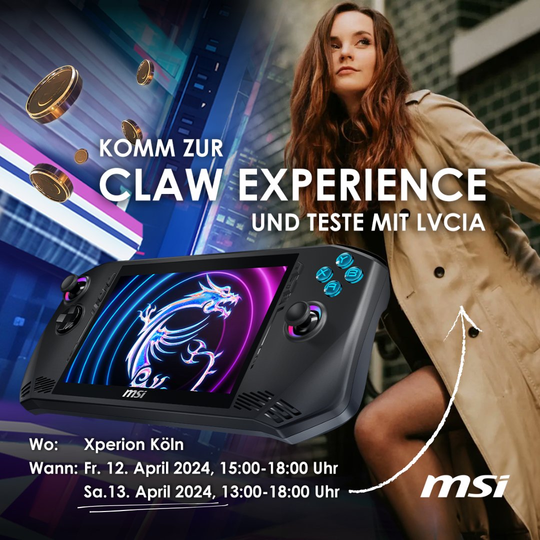 Die MSI Claw selbst ausprobieren⭐️: Wir laden euch dazu ein ins Xperion nach Köln! 👾Testet in Ruhe unsere Claw oder zocke am Samstag gegen unseren Special Guest @LvciaLive und erlebt unseren Gaming-Handheld live! 🤝