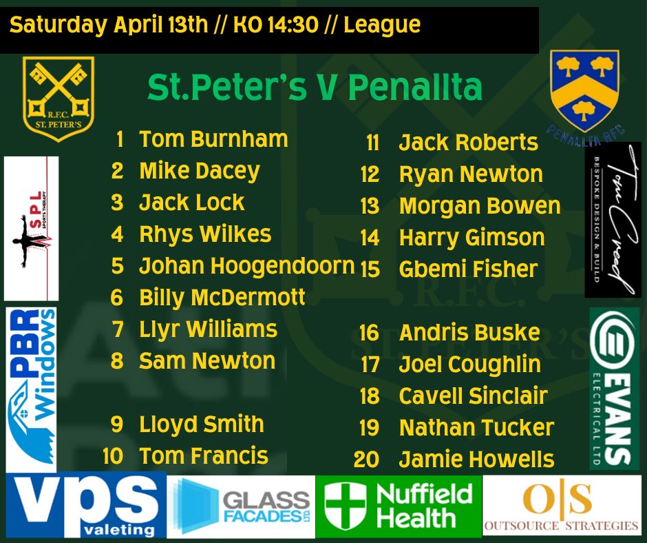 1st team Lineup for the Rocks penultimate league match. Also a Rocks XV against Llanishen 2s at the Rocks. #upparocks @StPetersYouth3 @StPetersMandJ