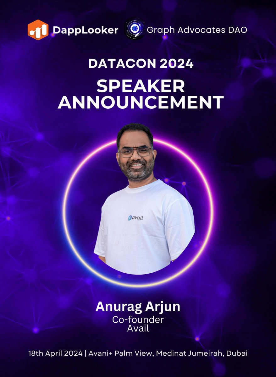 📢 #DataCon2024 Speaker Spotlight 🎉 We're thrilled to reveal our esteemed speaker for DataCon2024 at @Token2049 Dubai @anuragarjun Anurag Arjun, the visionary founder of @AvailProject, A groundbreaking Web3 infrastructure layer that’s set to revolutionize how modular execution