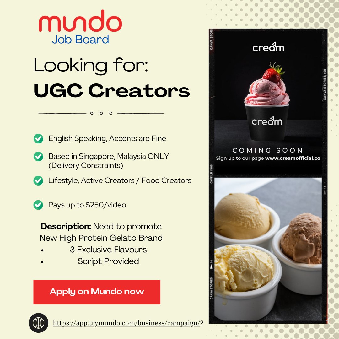 TryMundo's tweet image. Hiring UGC Creator for Ice Cream brand

- Male and Female Creators, no age restrictions
- pays up to $150/video + 35% Commission

Comment your portfolio or apply for the job on Mundo here: app.trymundo.com/creator/market…

#ugccreatorneeded #ugccreators #ugc #ugcopportunity #Mundo