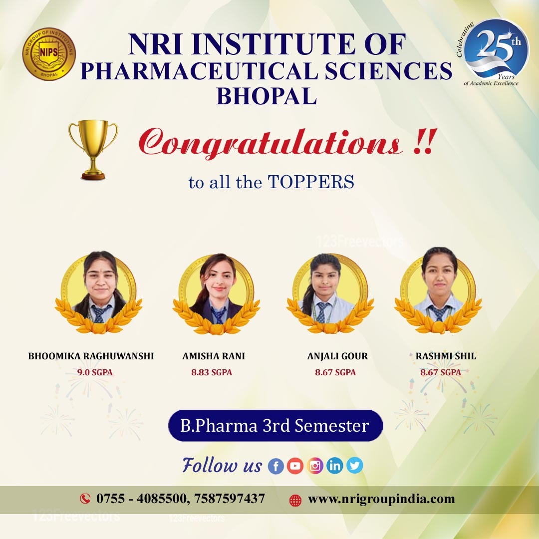 🎉 Congratulations to our brilliant B. Pharmacy, 3rd Semester students at NIPS! Your dedication and hard work have paid off. Keep reaching for the stars! ✨ 

#Pharmacy #Toppers #Result #BestPharmacyCollege #PharmacyCollege #Education #College #Bhopal #NIPS #NRIGroupIndia