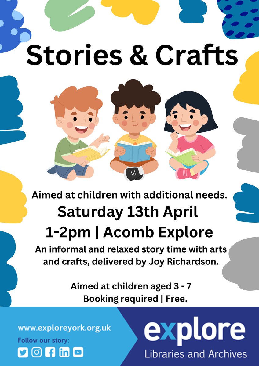 Come down and join us for a Stories and Crafts session aimed at children with additional needs tomorrow at 1pm-2pm. Bookable via Ticket Tailor. tickettailor.com/events/explore…