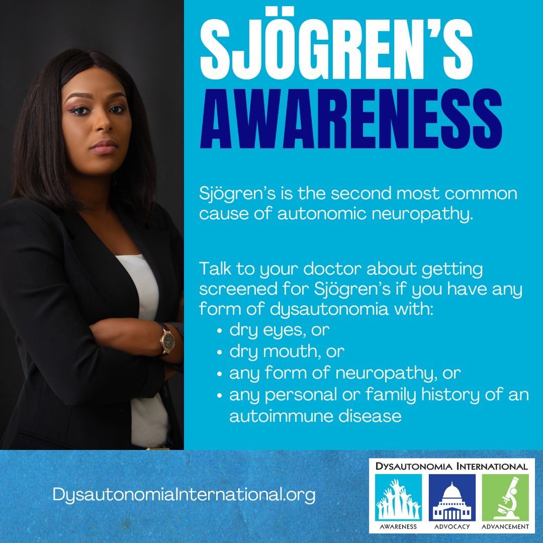 Posted @withregram • @dysautonomiaintl April is #Sjögren’sAwarenessMonth. Sjögren’s is the second most common cause of autonomic neuropathy, and can present with a wide range of autonomic dysfunction ranging from mild dry eyes all the way to severe autonomic failure.