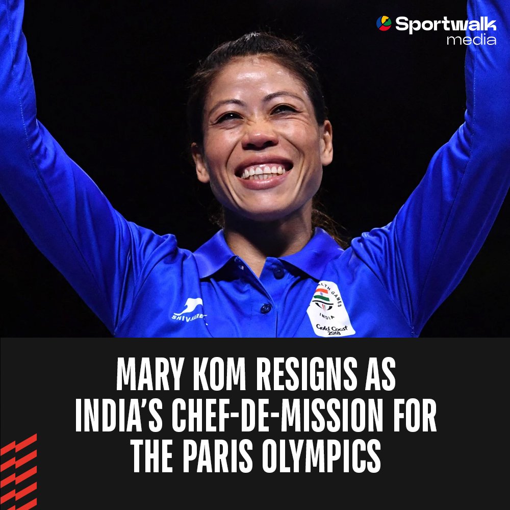 🇮🇳🚨 𝗕𝗥𝗘𝗔𝗞𝗜𝗡𝗚! Due to personal reasons, Indian Boxing legend Mary Kom has resigned from her position as the Chef-De-Mission of India's contingent for the upcoming #Paris2024 Olympics. ➡️ She also expressed her gratitude for being trusted with the role of leading India's…