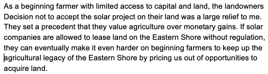 Excerpt from a letter opposing solar by a small beginning farmer: