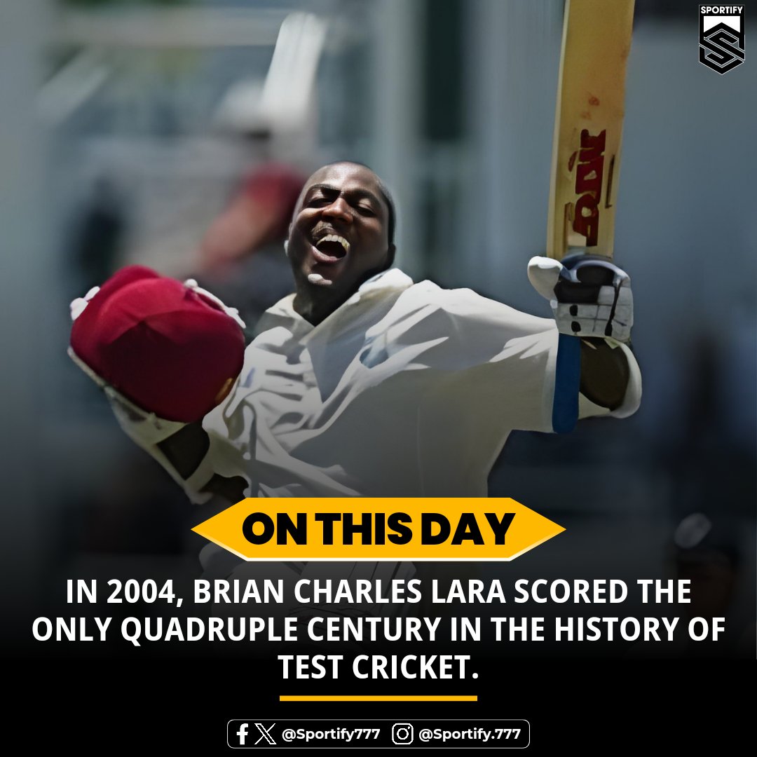 Throwing it back to legendary cricket history! 🏏 

Brian Lara's epic 400* runs still resonates today. 🌟

#Sportify #SportsNews #BrianLara #CricketLegend #OnThisDay #WIvsENG #RecordBreaker 🏆