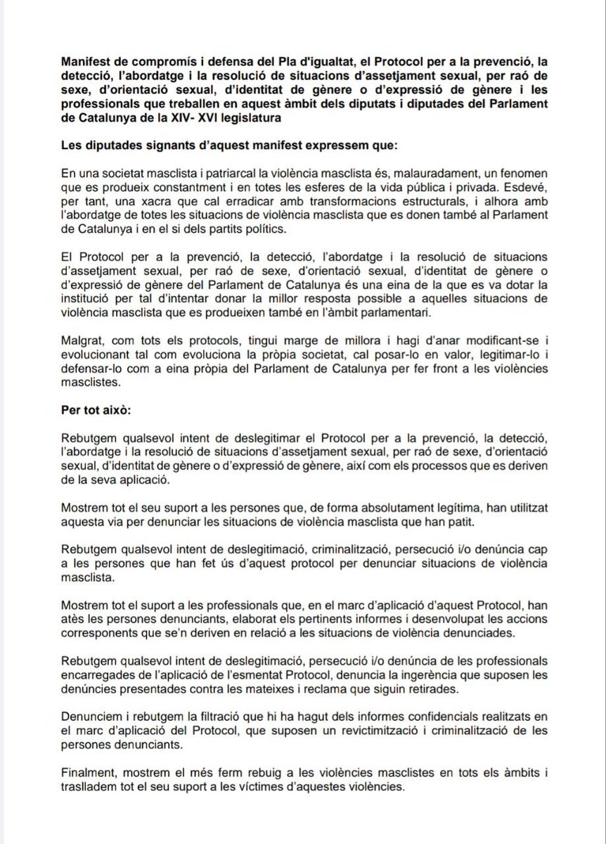 Tot el suport a les treballadores de la Comissió contra les violències masclistes del Parlament de Catalunya denúnciades per #JuntsxCat Jo també em sumo al manifest! #CapAssetjamentSenseResposta