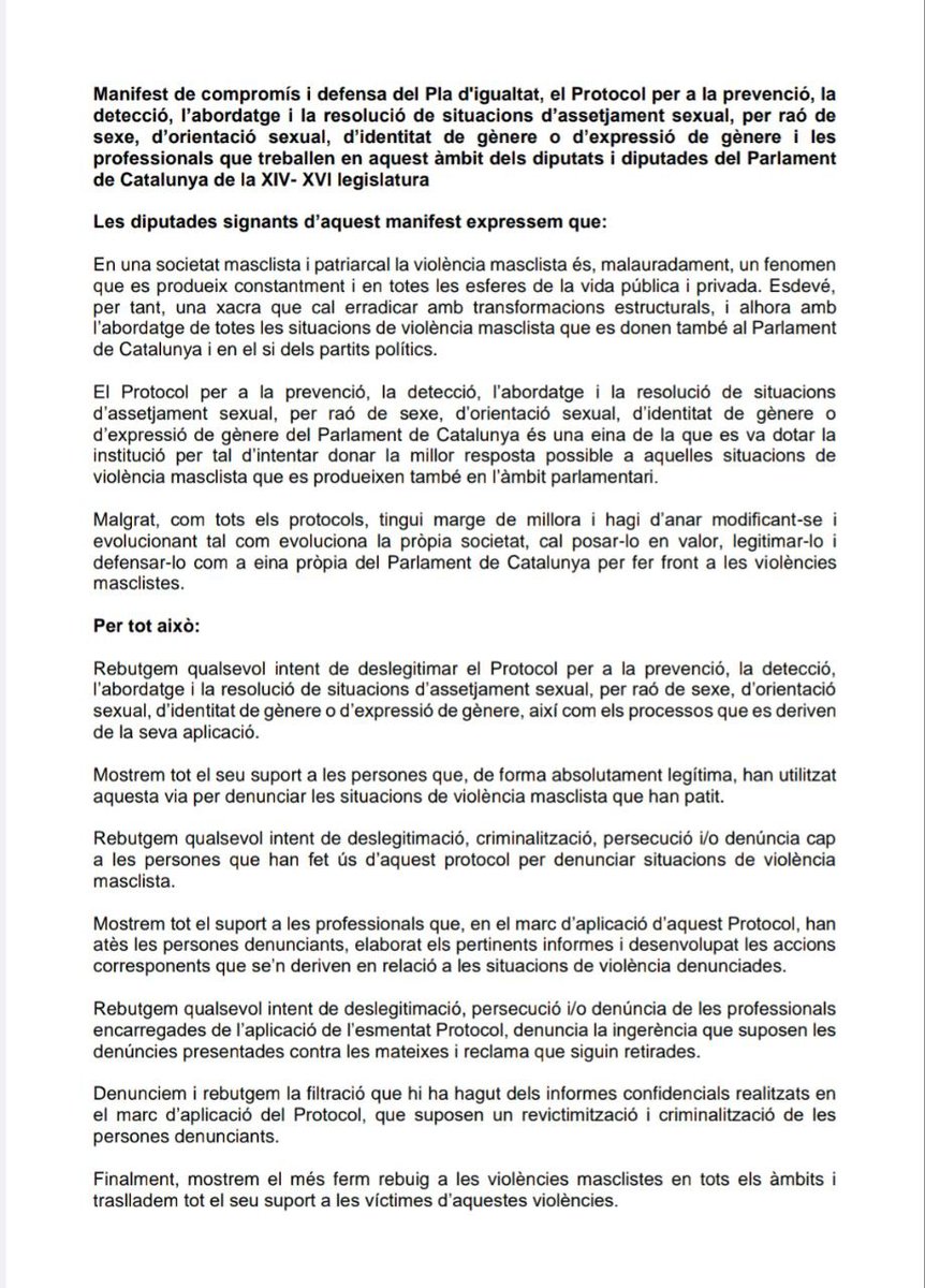 Tot el suport a les treballadores de la Comissió contra les violències masclistes del Parlament de Catalunya denúnciades per #JuntsxCat 
Jo també em sumo al manifest!
#CapAssetjamentSenseResposta