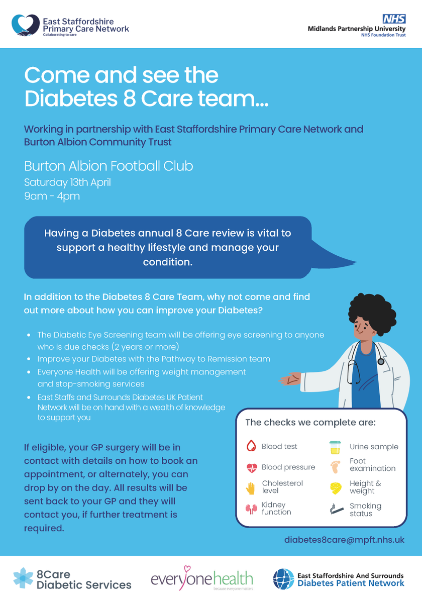 Want to find out more about how you can improve your diabetes? 💭 Come and see our Diabetes 8 Care team! 👇 We will be at @burtonalbionfc on Saturday 13th April offering free checks to those with diabetes. Our Diabetic Eye Screening team will also be offering eye screening 👁