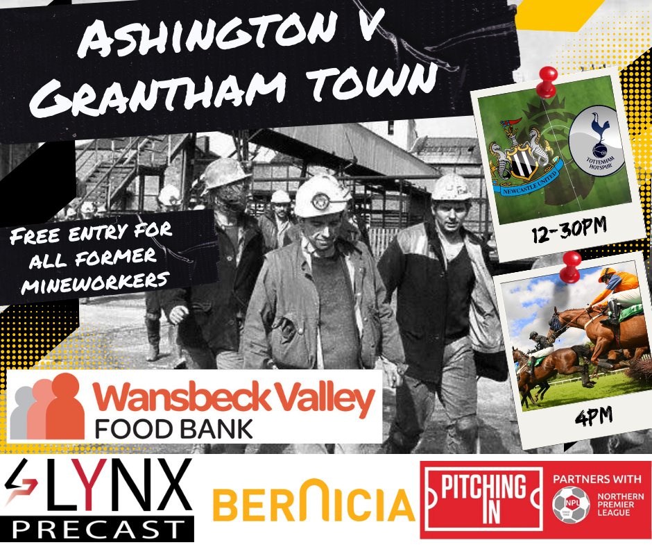 At tomorrows game with Grantham we will also be hosting our regular collection on behalf of Wansbeck Valley Foodbank. If you're able to bring a donation it would be gratefully appreciated! Remember. We're open early for NUFC v Spurs & it's free entry for former mineworkers Grab