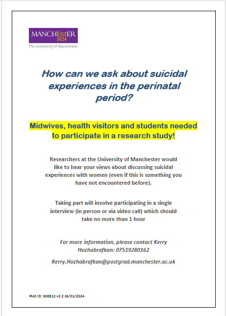 @iHealthVisiting @howlett_leanne @lizzydudeney @RuthHaas_HV @PMHMidwives @BaldwinSharin @sweencj @DebbieMSmith1 @MarthaSercombe @PhDMidwives @hildabeauchamp @PRIMERU3 @SRIP_ECR @ChristineFurber I'm still looking to speak with #healthvisitors and #midwives to discuss thoughts on communicating about suicidal experiences. Please consider taking part. See poster below