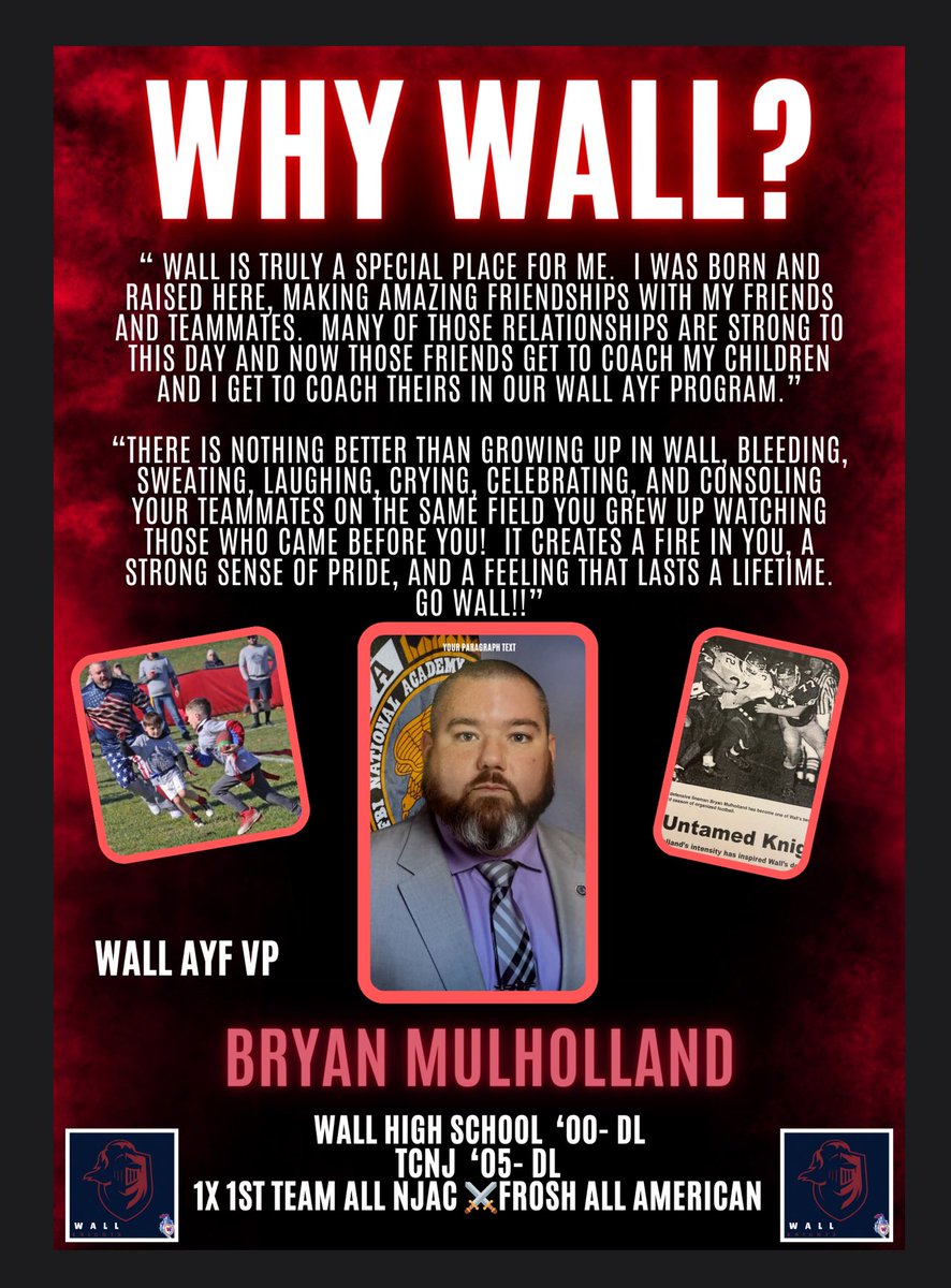 Week 3 of our #STAYHOME  Class ‘00 Graduate Bryan Mulholland. Bryan graduated from TCNJ ‘05 where he amassed a dominate career on the DL.  Bryan also serves as the VP of our Wall AYF Football and Cheer Program. He is also a Lt. @EatontownPD @EdGurrieri @coachrogers328