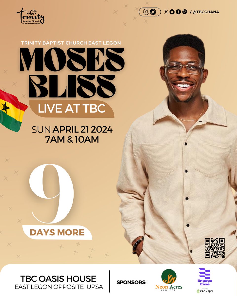 9 DAYS MORE! MOSES BLISS LIVE at TBC @tbc_ghana is going to be epic. See you on Sunday 21st April at 7am and 10am. 🙌🏾🙌🏼 #tbc #mosesblissliveattbc