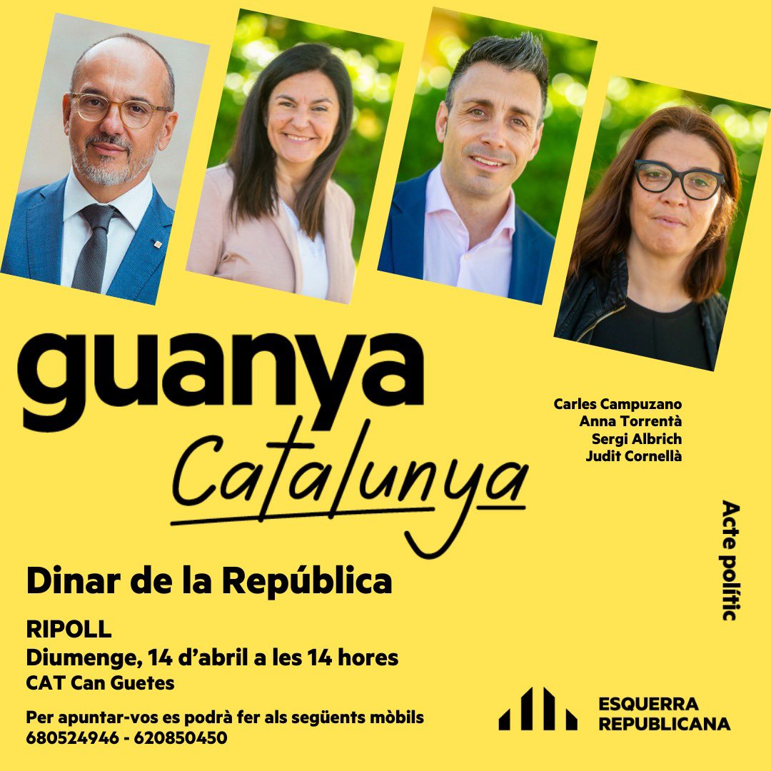 🍽️ Dinar de la República, aquest diumenge 14 d’abril, a Ripoll. 

#Ripoll #Ripollès #GuanyaCatalunya 

 📞 Números de contacte per reservar ⬇️