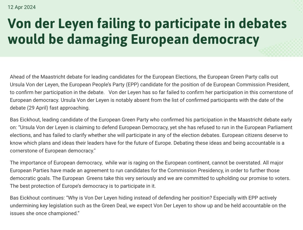 Ursula @vonderleyen, @EPP's lead candidate, has failed to confirm her participation in the Maastricht debate ahead of the EU elections. European citizens deserve to know what plans & ideas their leaders have for the future of Europe!