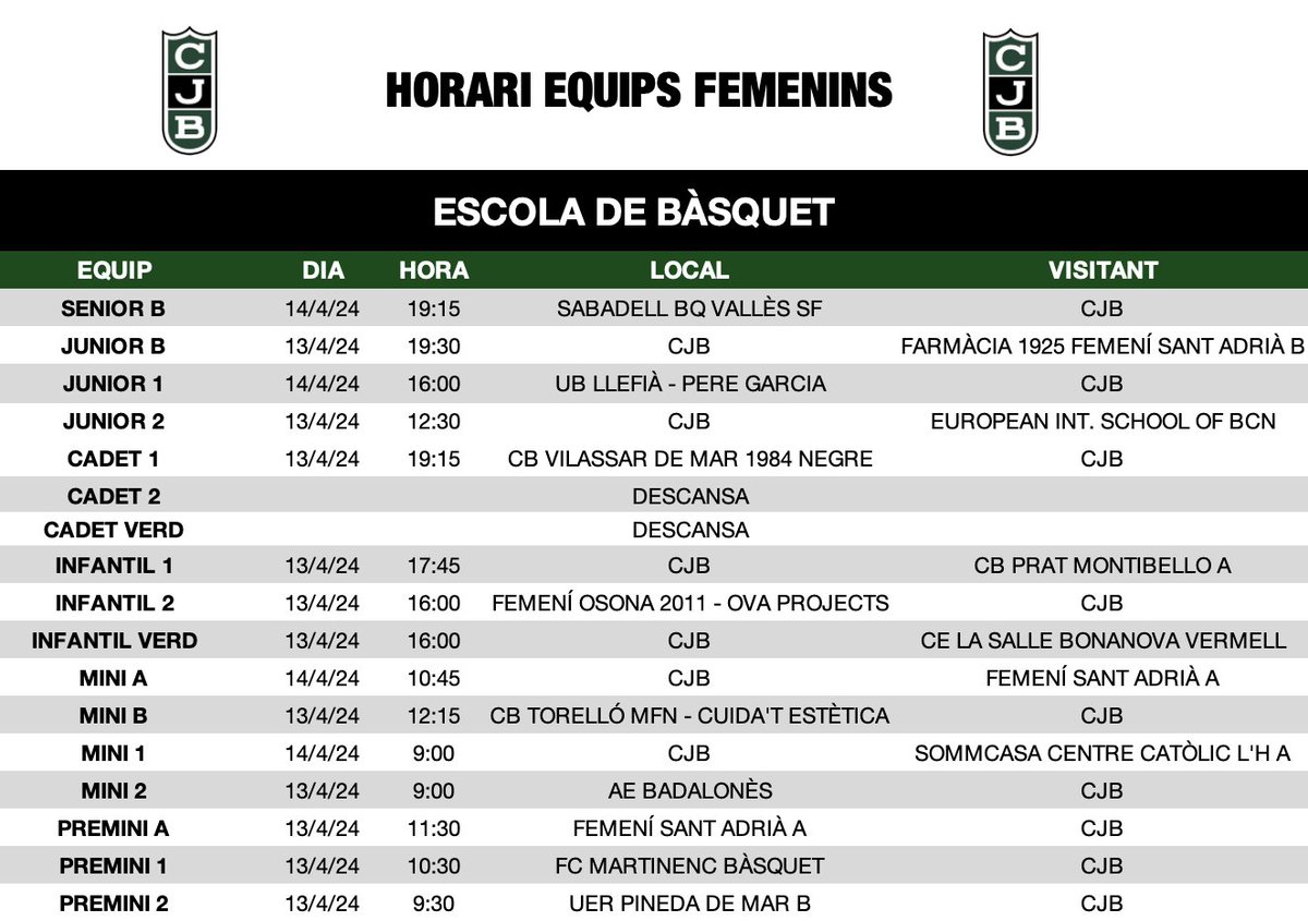 🟢⚫️ Aquests són els horaris dels partits del bàsquet base del cap de setmana #SomElBressol #BadalonaÉsFutur