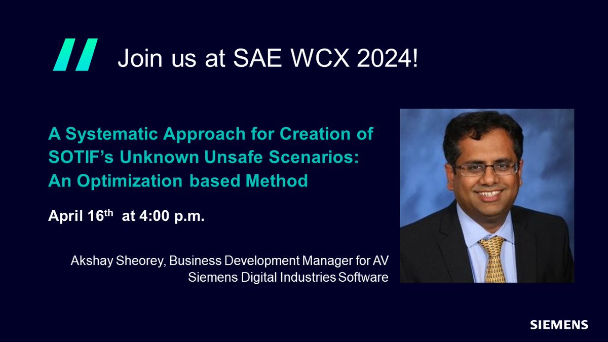 Heading to SAE WCX in Detroit, Michigan, April 16-18? sie.ag/5SpFq2 Don't miss Akshay Sheorey's presentation on an effective approach to reducing the unknown-unsafe area as proposed in the SOTIF standard. April 16 at 4:00 p.m. #Simcenter #Autonomousvehicle #ADAS