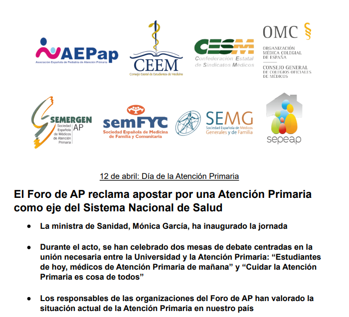 El Foro de AP reclama apostar por una Atención Primaria como eje del Sistema Nacional de Salud @sanidadgob @ceem_medicina @cesm_sindicatos @CGCOM_Esp @SEMERGENap @semfyc @SEMG_ES @sepeap aepap.org/actualidad/com…