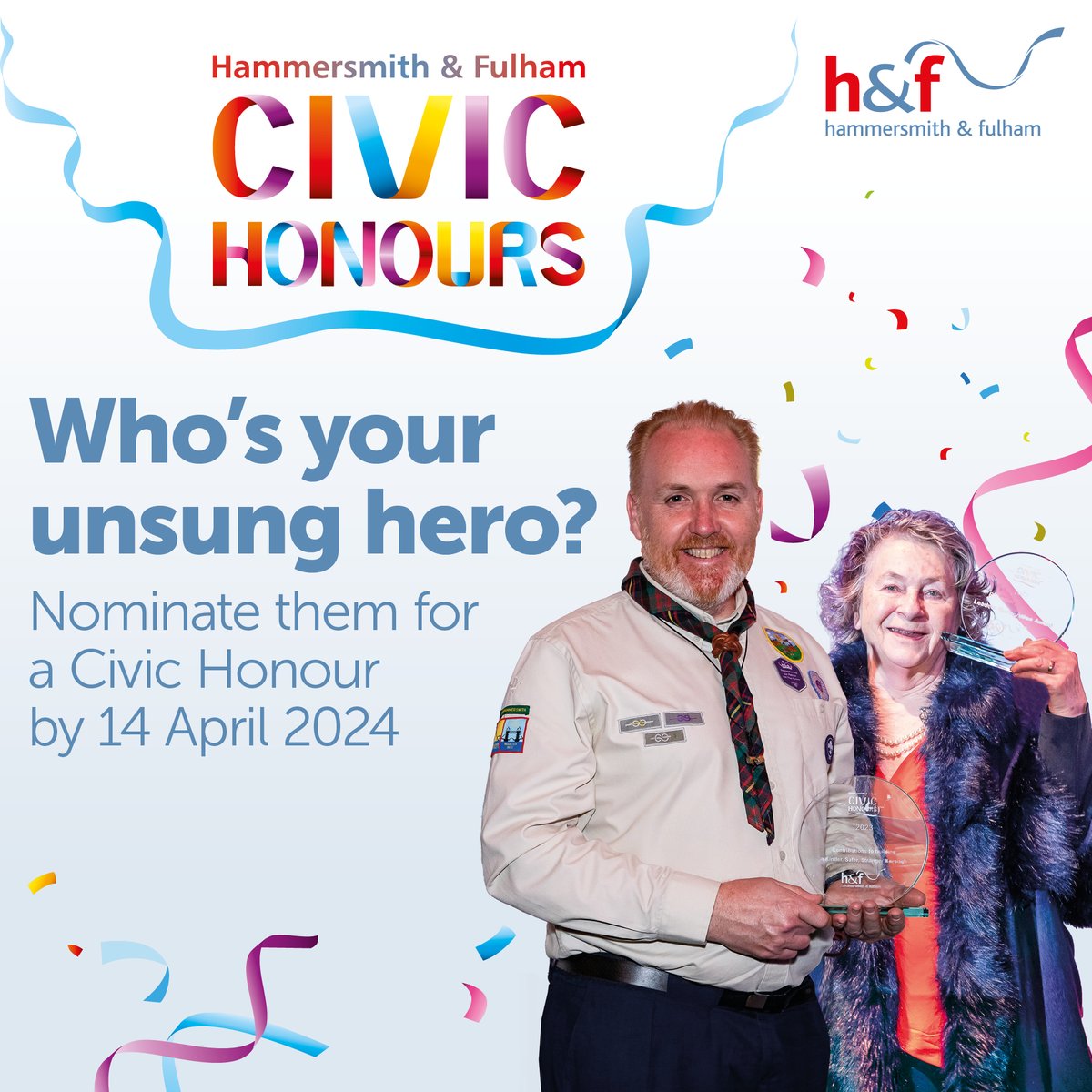 🚨Nominations for the 2024 H&F Civic Honours close on SUNDAY (14 April)! Don't miss out on the chance to celebrate your local hero! Nominate them here: lbhf.gov.uk/community/hf-c…