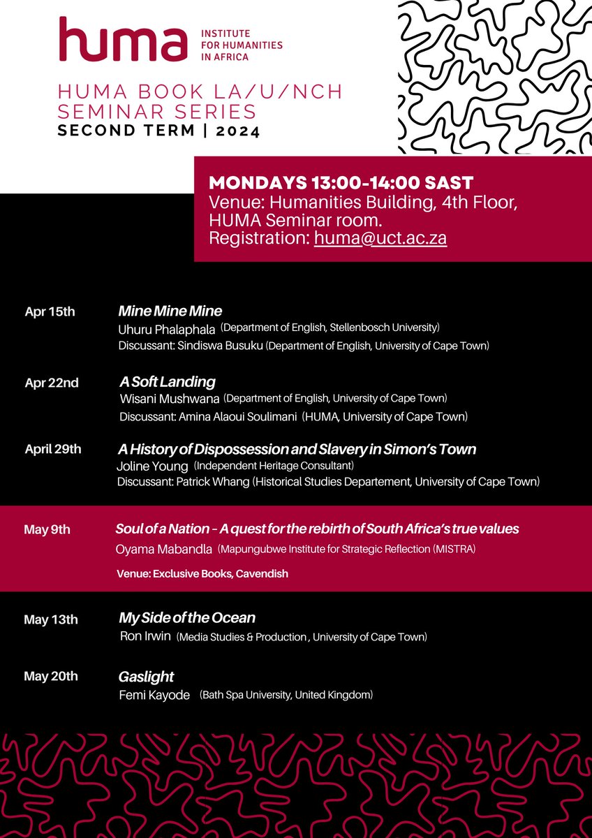 huma_africa's tweet photo. Check out our scheduled seminars for April & May🌟
#AtayaInterdisciplinary Seminars: Engaging with a particular selected academic paper.
Book La/unch Series: Authors & discussants in conversation.
▫️More: https://t.co/ycg6csdOyc
#HUMAAfrica #HUMASeminars https://t.co/ZAtBInmWL6
