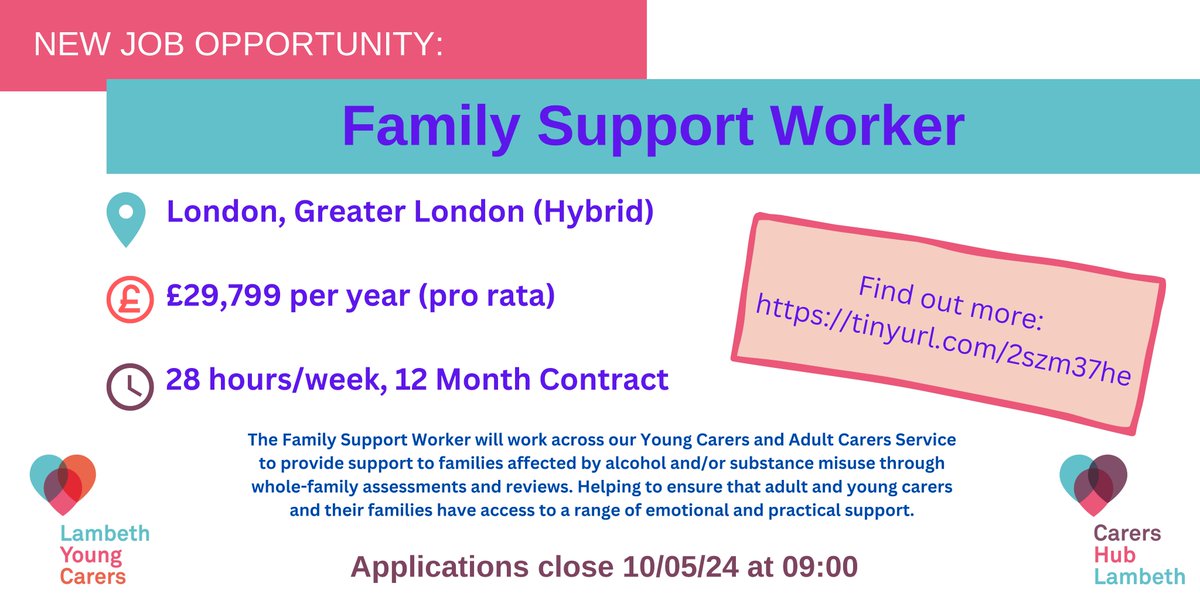 Applications for our Family Support Worker are open. Do you have experience in the Substance Misuse Field? Do you want to support Unpaid Carers? Read about the role and apply here: tinyurl.com/2szm37he @SELondonICS @HWLambeth @lambeth_council @LambethTogether