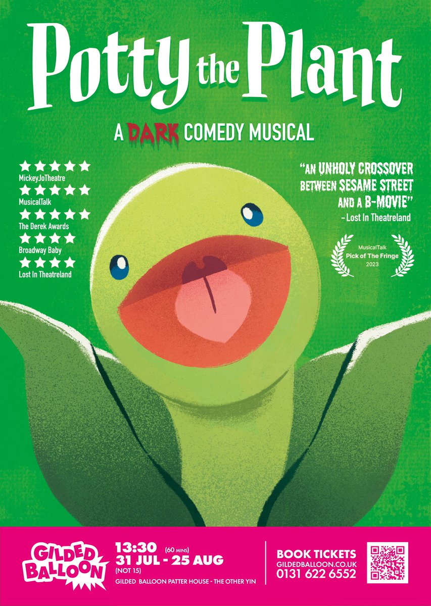 It's #quickflyer Friday! 🌱

So what better time to show you all our new poster for this years @edfringe Performing with @Gildedballoon 💚🩷💚🩷

Tickets on sale now! 👇
🎟️ rb.gy/xni3cu

#edfringe #pottytheplant
